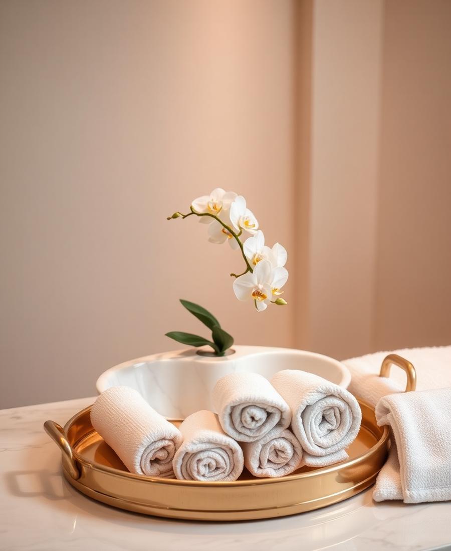Luxury pedicure setup with gold tray and orchid