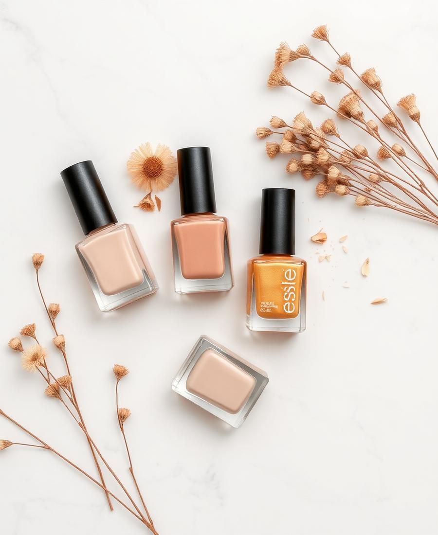 Nude and gold polish flatlay on marble