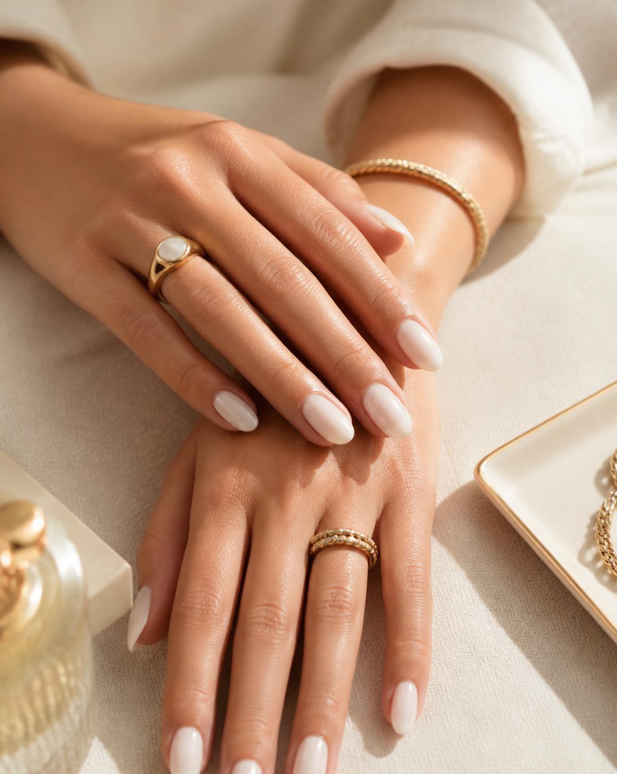 Milky white almond BIAB manicure with gold jewellery