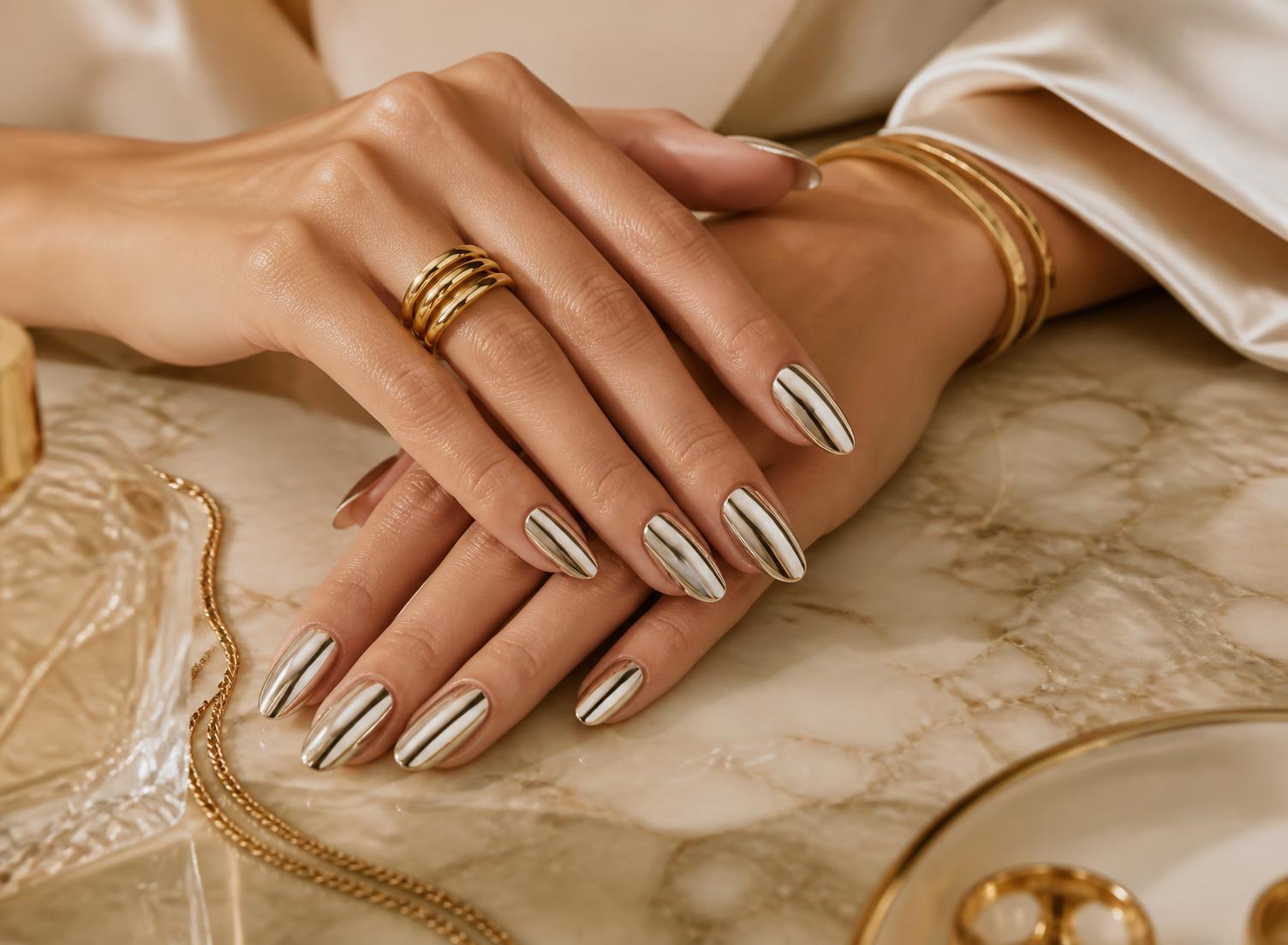 Chrome mirror-finish nail set on marble