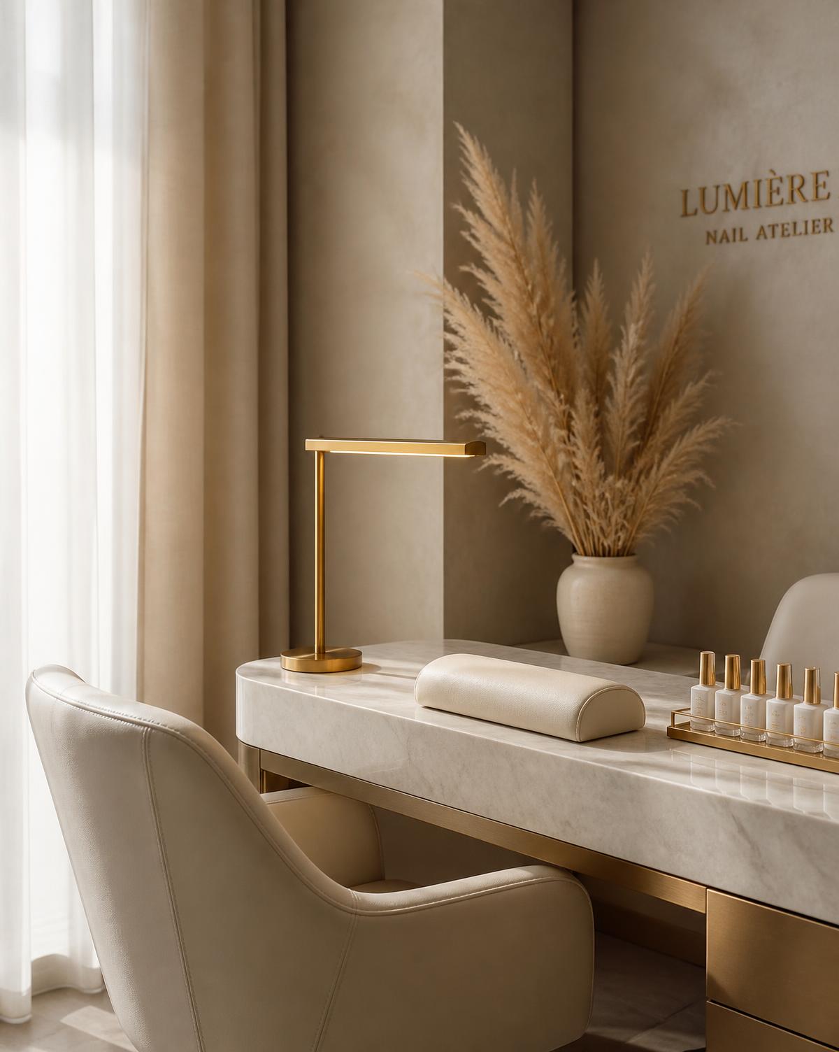 Luxury nail studio manicure station with marble counter and brushed gold lamp