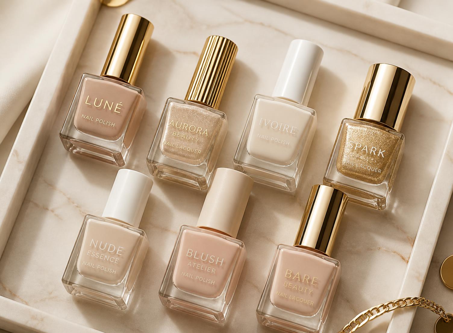 Nude, ivory and gold nail polish bottles arranged on a marble tray