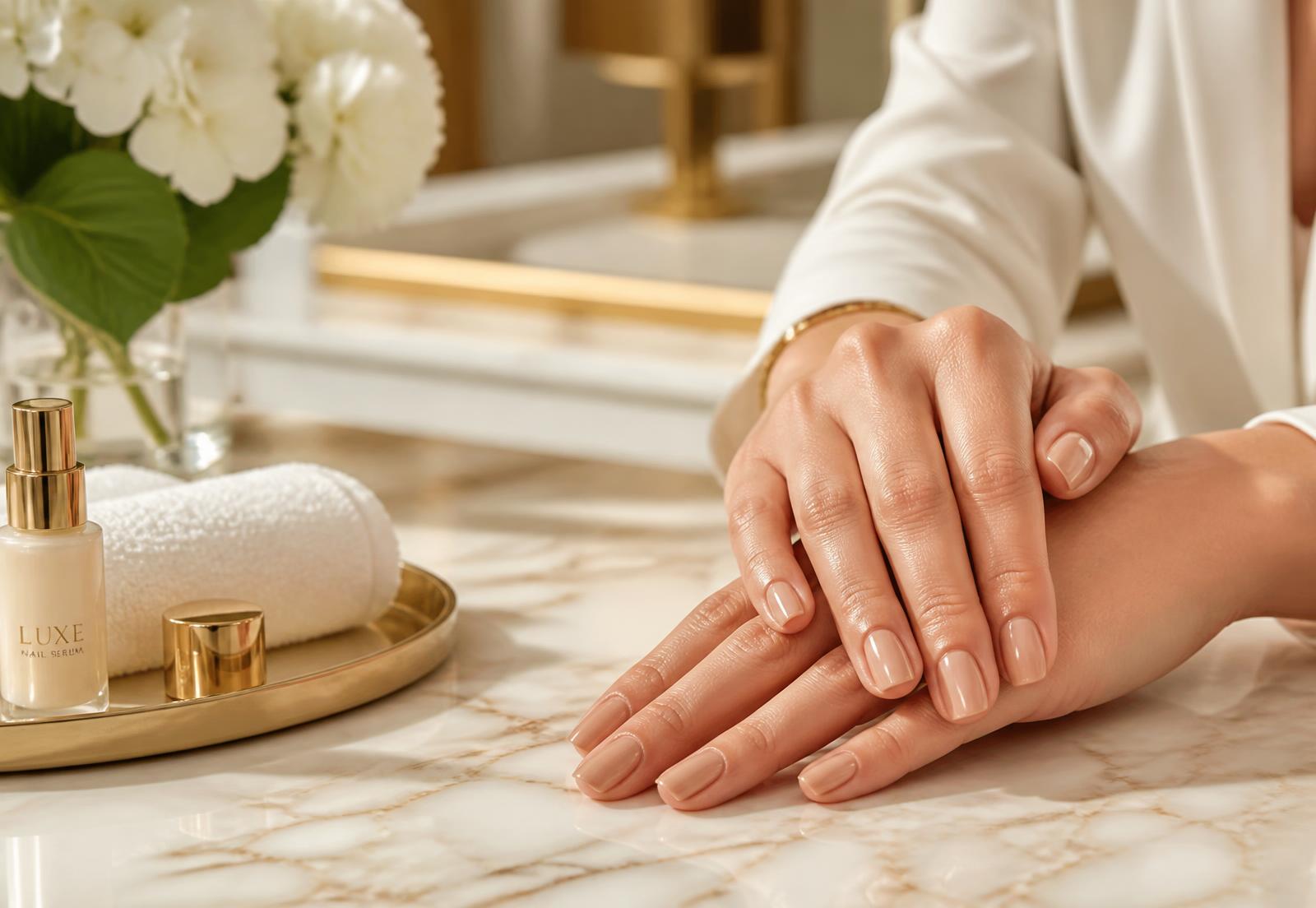 Glossy nude manicure photographed on cream marble