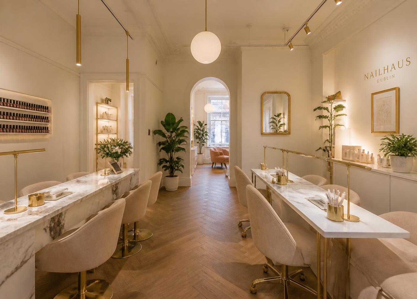 Interior of a Knails studio with marble manicure tables and gold detailing